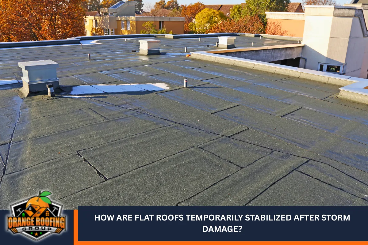 How are flat roofs temporarily stabilized after storm damage?